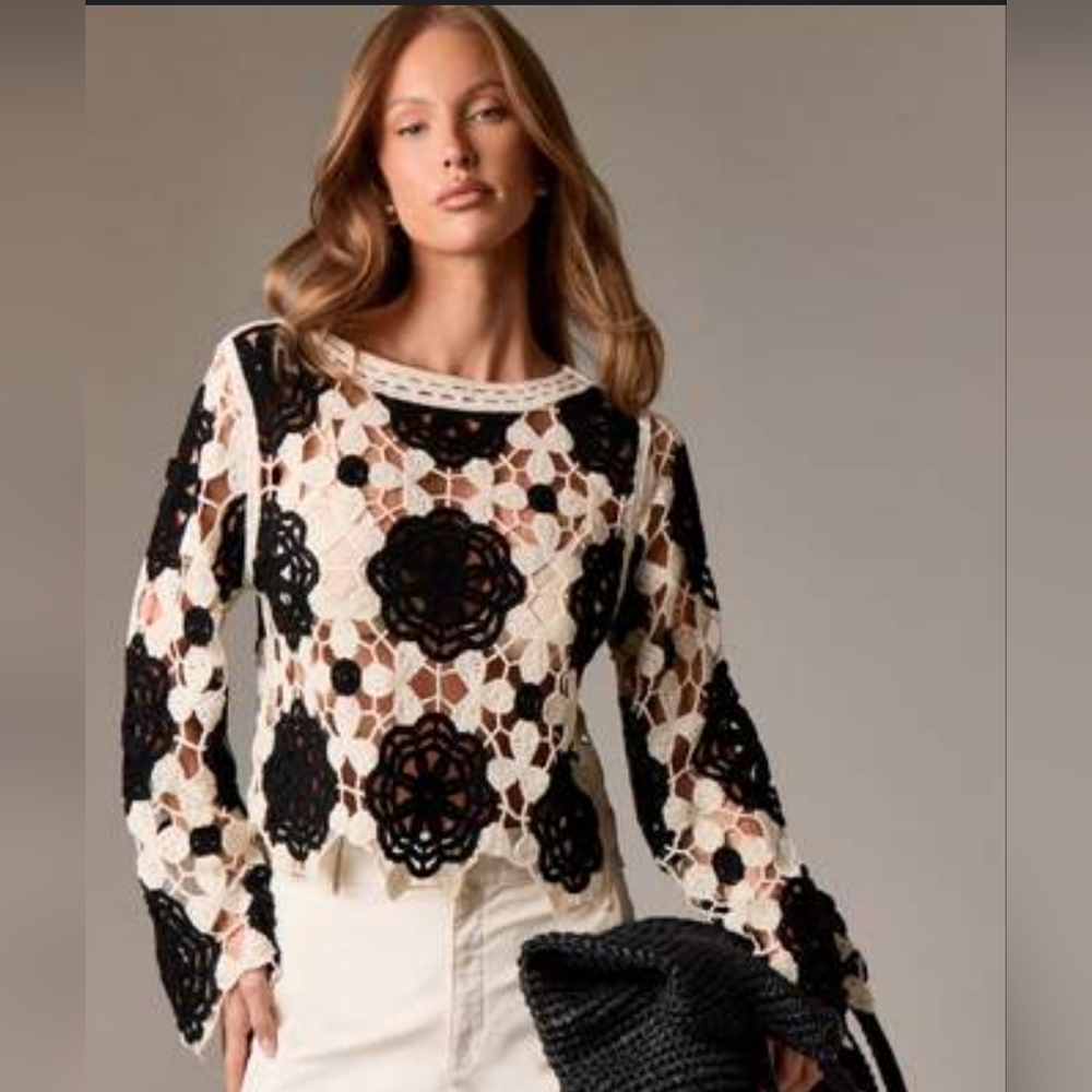 SHEIN Cream and Black Long Sleeve Crochet Bell Sleeve Cover-Up Beachwear Top - Picture 1 of 14